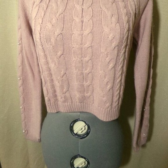 FRESHMAN Cable knit Pearl Beaded Sweater Top XS Pink crop Scoop neck Long Sleev - Picture 6 of 10